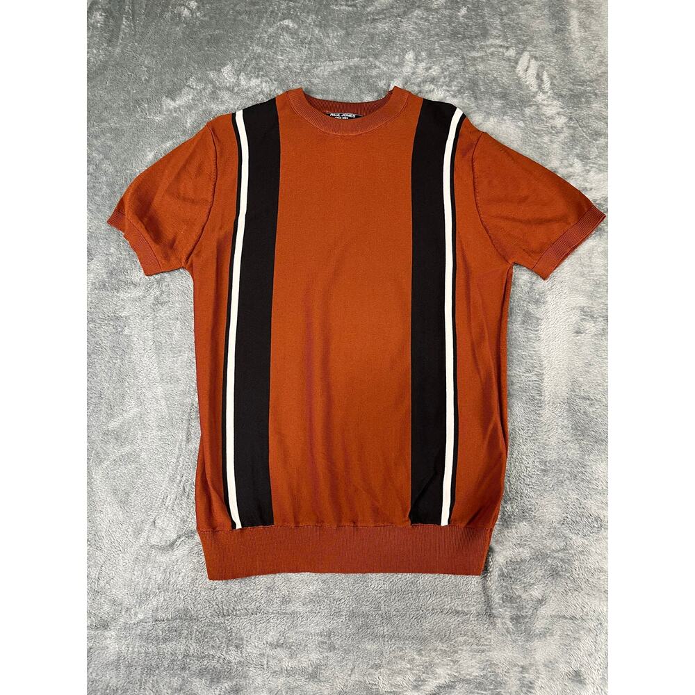 Men’s PJ PAUL JONES Rust Knit Vertical Stripe Crew Short Sleeve Shirt Size S